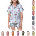 thumbnail image 1 of CUZIBR Girls Halloween Pajamas Sets Summer Fall Outfits Bow Ghost Print Kids Short Sleeve Lapel Button Down Top Elastic Waist Shorts Two Piece Soft Sleep Loungewear Outfits,1-Sky Blue,2-3 Years, 1 of 4