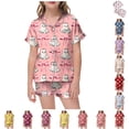 thumbnail image 1 of CUZIBR Girls Halloween Pajamas Sets Summer Fall Outfits Bow Ghost Print Kids Short Sleeve Lapel Button Down Top Elastic Waist Shorts Two Piece Soft Sleep Loungewear Outfits,1-Pink,8-9 Years, 1 of 4