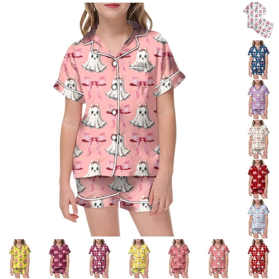 CUZIBR Girls Halloween Pajamas Sets Summer Fall Outfits Bow Ghost Print Kids Short Sleeve Lapel Button Down Top Elastic Waist Shorts Two Piece Soft Sleep Loungewear Outfits,1-Pink,8-9 Years