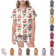 thumbnail image 1 of CUZIBR Girls Halloween Pajamas Sets Summer Fall Outfits Bow Ghost Print Kids Short Sleeve Lapel Button Down Top Elastic Waist Shorts Two Piece Soft Sleep Loungewear Outfits,2-Beige,2-3 Years, 1 of 4