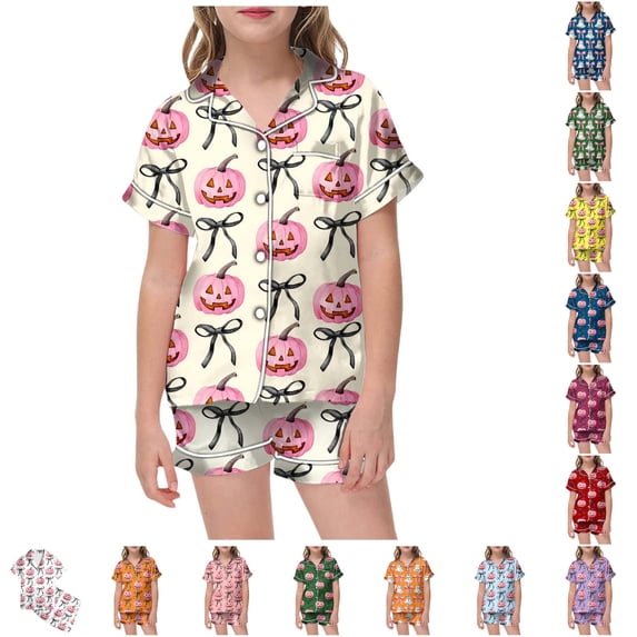 CUZIBR Girls Halloween Pajamas Sets Summer Fall Outfits Bow Ghost Print Kids Short Sleeve Lapel Button Down Top Elastic Waist Shorts Two Piece Soft Sleep Loungewear Outfits,2-Beige,2-3 Years
