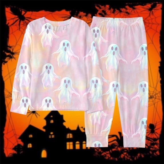 CUZIBR Girls Halloween Pajamas Toddler Long Sleeve Ghost Pumpkin Graphic Loungewear Sets Crew Neck Top And Pants 2 PC Set Funny Homewear,Light Pink,2-3 Years