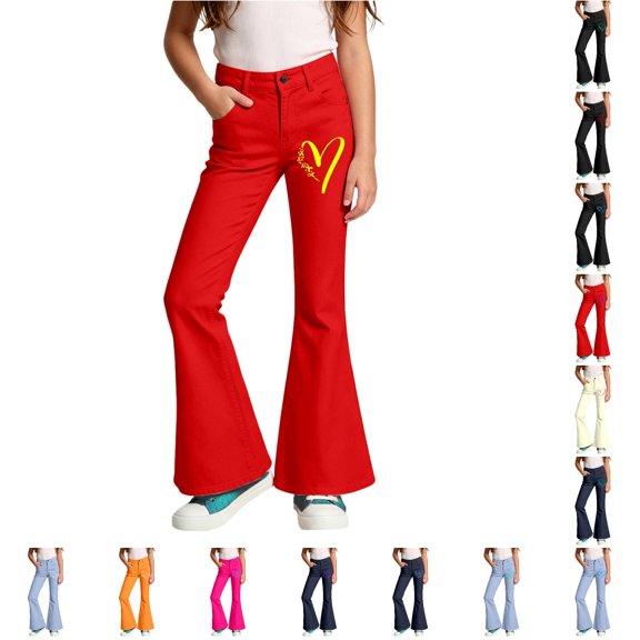 CUZIBR Girls High Waist Flared Denim Pants Cute Heart Print Bell Bottom Jeans With Pockets Stretchy Slim Fit Trousers For Tween Kids Casual Daily School Streetwear Bottoms,10-Red,13-14 Years