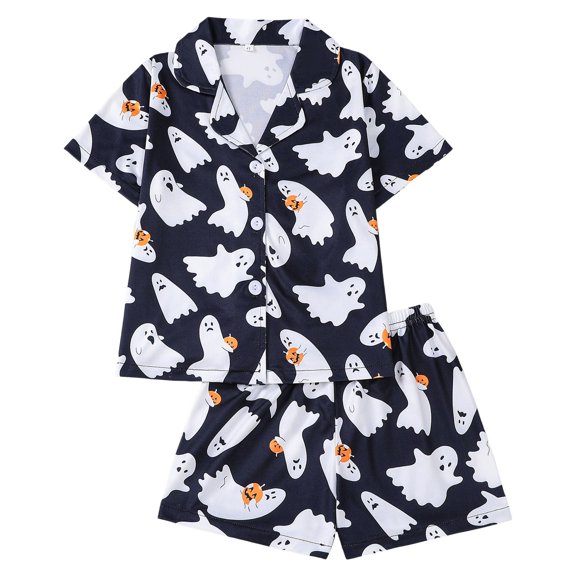 CUZIBR Girls Holiday Outfits Stylish Button Down Short Sleeve Lapel Collar Top Blouse Shorts Soft Cartoon Bow Floral Print Fashionable Leopard Home Dailywear Boys' Clothing Sets,Black,5 Years