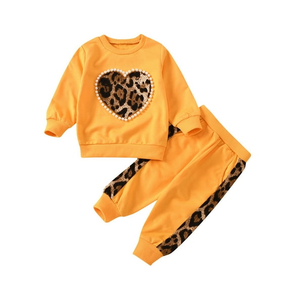 CUZIBR Girls Holiday Outfits Tracksuit Leopard Heart Pattern Long Sleeve Sweatshirt Tops Blouse Patchwork Trousers 2Pcs Sweatsuits Jogging Sets,Yellow,6-12 Months
