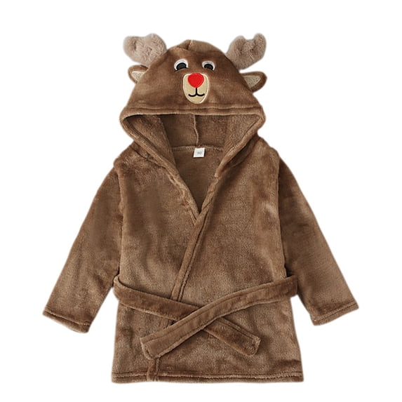 CUZIBR Girls Holiday Outfits Winter Warm Thick Fuzzy Hooded Towel Robe Cartoon Pattern Plush Bathrobe With Pockets Belt Thermal Night Wear Sleeping Wear Sets,Brown,4-5 Years