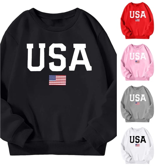 CUZIBR Girls Hoodies Sweatshirts Casual USA American Flag Print Crewneck Long Sleeve Loose Fit Pullover Top For Everyday Outdoor Activities Holiday Daily Wear,Black,9-10 Years
