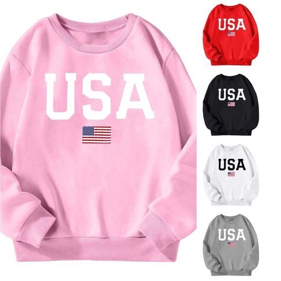CUZIBR Girls Hoodies Sweatshirts Casual USA American Flag Print Crewneck Long Sleeve Loose Fit Pullover Top For Everyday Outdoor Activities Holiday Daily Wear,Pink,11-12 Years