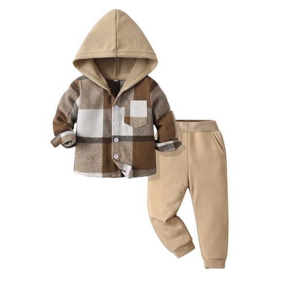 CUZIBR Girls Jumpsuits Plaid Button Hooded Long Sleeve Jacket Blouse And Wide Leg Sweatpants Casual Gentleman Holiday Front Pocket T Shirt Pants Cozy Clothing Sets,Khaki,18-24 Months