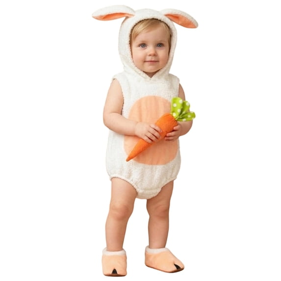 CUZIBR Girls Kids Baby Easter Romper Outfits Fuzzy Adorable Bunny Shap Long Sleeve Crewneck Jumpsuit Bodysuit With Hat Two Piece Cute Fashionable Character Photoshoots Clothes Sets,White,6-12 Months
