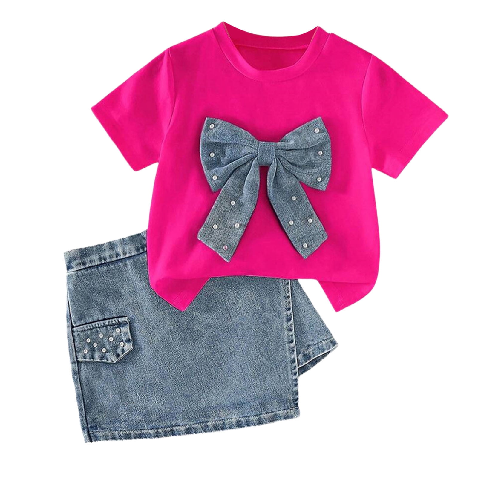 CUZIBR Girls Kids Baby Fashion Summer Outfit Cute Pearl Bow Crewneck ...