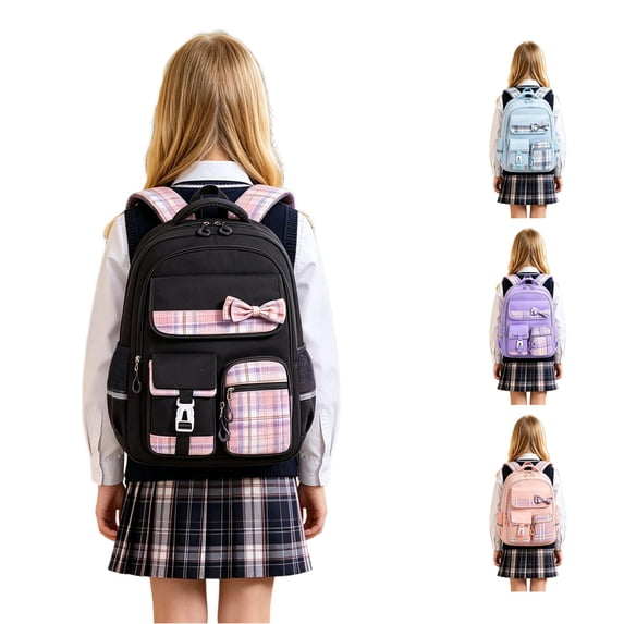 CUZIBR Girls Kids Backpack Colorful Large Capacity Cute Plaid Bow For Primary Middle School Students Multi-Pocket Bookbag Adjustable Padded Shoulder Straps Casual Daypack