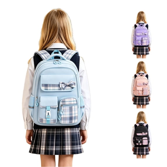 CUZIBR Girls Kids Backpack Colorful Large Capacity Cute Plaid Bow For Primary Middle School Students Multi-Pocket Bookbag Adjustable Padded Shoulder Straps Casual Daypack