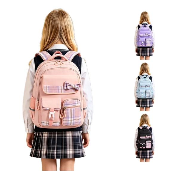 CUZIBR Girls Kids Backpack Colorful Large Capacity Cute Plaid Bow For Primary Middle School Students Multi-Pocket Bookbag Adjustable Padded Shoulder Straps Casual Daypack