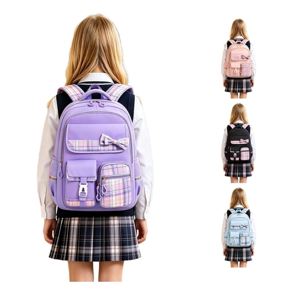 CUZIBR Girls Kids Backpack Colorful Large Capacity Cute Plaid Bow For Primary Middle School Students Multi-Pocket Bookbag Adjustable Padded Shoulder Straps Casual Daypack