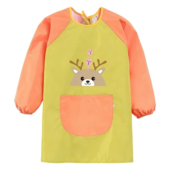CUZIBR Girls Kids Painting Apron Shirts Long Sleeve Cartoon Print Graphic Large Front Pocket Raglan Sleeve Apron Waterproof Back Lace Up Comfortable Breathable Long Shirts,Green,1-4 Years