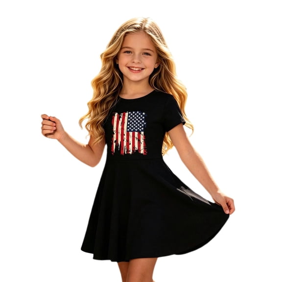 CUZIBR Girls Kids Patriotic Graphic Short Sleeve Dress Independence Day Stars Striped Print Round Neck A-Line Mini Dresses Celebration Stylish Summer Holiday Clothes For 4Th Of July,Black,8-9 Years