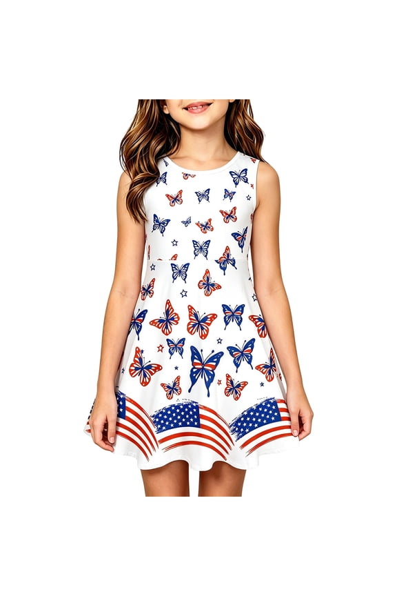 Girls Kids Patriotic Graphic Sleeveless Dress Independence Day Stars Striped Print Round Neck A-Line Mini Dresses Celebration Stylish Summer Holiday Clothes For 4Th Of July,White,11-12 Years