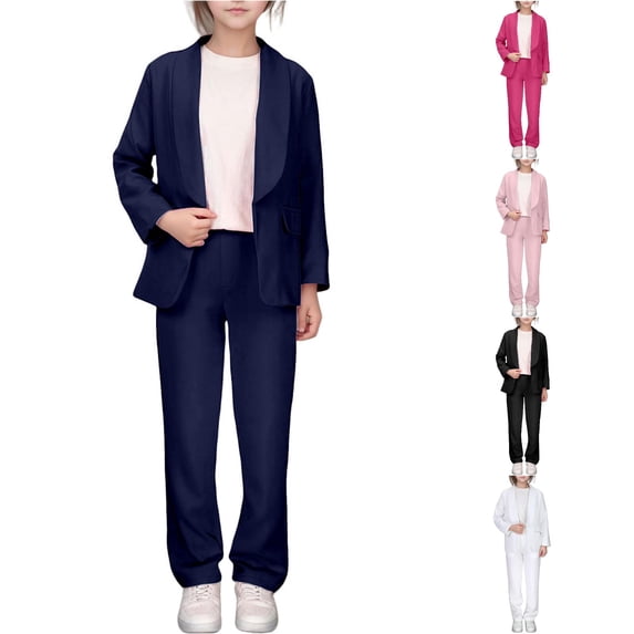 CUZIBR Girls Kids Suit Sets Long Sleeve Solid Color Button Down Notched Lapel Neck Jacket Open Front And Wide Leg Flat Front Long Trousers 2 Piece Blazer Set Elegant Formal Clothes,Navy,11-12 Years