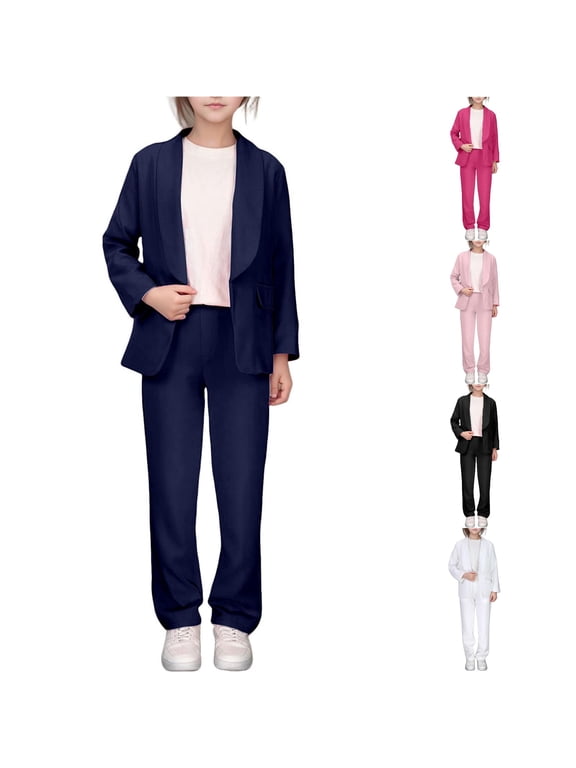 Girls Kids Suit Sets Long Sleeve Solid Color Button Down Notched Lapel Neck Jacket Open Front And Wide Leg Flat Front Long Trousers 2 Piece Blazer Set Elegant Formal Clothes,Navy,7-8 Years