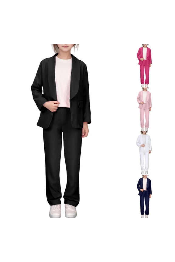 Girls Kids Suit Sets Long Sleeve Solid Color Button Down Notched Lapel Neck Jacket Open Front And Wide Leg Flat Front Long Trousers 2 Piece Blazer Set Elegant Formal Clothes,Black,5-6 Years