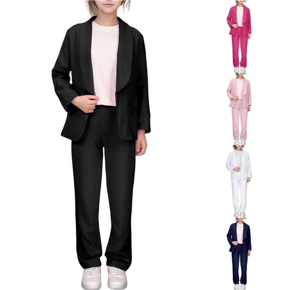 CUZIBR Girls Kids Suit Sets Long Sleeve Solid Color Button Down Notched Lapel Neck Jacket Open Front And Wide Leg Flat Front Long Trousers 2 Piece Blazer Set Elegant Formal Clothes,Black,11-12 Years