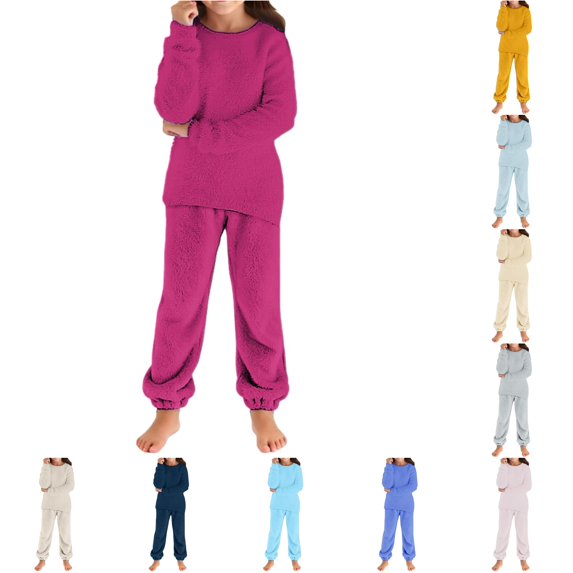 CUZIBR Girls Kids Teen Autumn Winter Clothes Sets Solid Color Long Sleeve Knitwear Cozy Fuzzy Thermal Loose Fit Pullover Sweater And Pants Outfits For Youth Plush Stylish Outfits,Hot Pink,7-8 Years