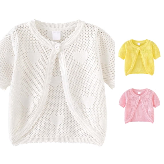 CUZIBR Girls Knit Cardigan Baby Hollow Knit Short Sleeve Heart Pattern Button Scalloped Edge Lightweight Summer Beach Breathable Fashionable Top,White,18-24 Months