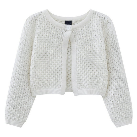 CUZIBR Girls Knit Cardigan Long Sleeve Solid Color Open Front Sweater Lightweight Lace Round Neck Button Crop Casual Soft Loose Fit Fall Coat,White,3-4 Years