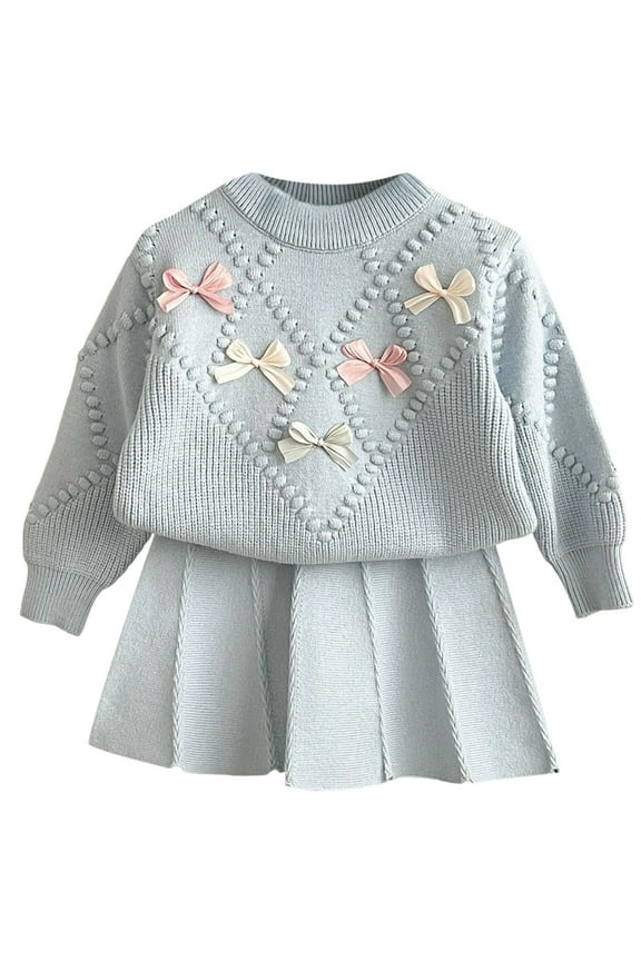 Girls Knit Sweater Set Spring Outfits For Toddler Kids Long Sleeve Crewneck Cute Bows Pullover Top And Pleated Mini Skirts Soft Casual Embroidery Elegant Two Piece Clothes,Blue,5-6 Years