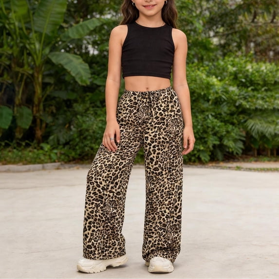 CUZIBR Girls Leopard Print Casual Leopard Print Wide Leg Pants Elastic Drawstring Waist Soft Loose Casual Flared Trousers For Summer Daily Wear,Yellow,3-4 Years