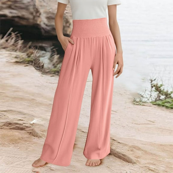 CUZIBR Girls Linen Palazzo Pants Solid Color Boho Wide Leg High Waist Casual Trousers With Pocket Travel Outdoor Beach Uniform School Joggers,Pink,6-7 Years