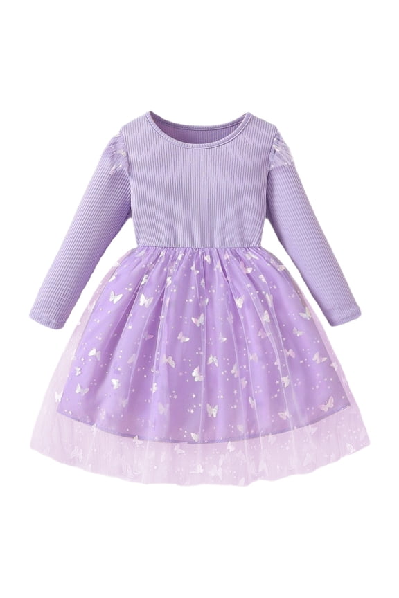 Girls Long Sleeve Dresses Knitted Patchwork Long Sleeves Full Butterflies Pattern Tutu Dress Gown Formal Attire Clothes,Purple,4-5 Years