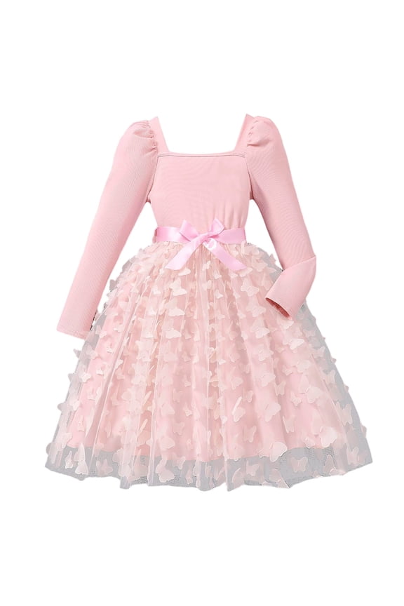 Girls Long Sleeve Dresses Square Collar Puff Sleeves Full Butterflies Pattern Tutu Dress Gown Formal Attire Clothes,Pink,9-10 Years
