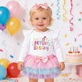 thumbnail image 1 of CUZIBR Girls Outfit Ruffles Long Sleeve Round Neck Cute 1St Birthday Letter Graphic Romper With Rainbow Tutu Skirt Hairband For Toddler First Year Party Spring Fall Clothes,White,9-12 Months, 1 of 8