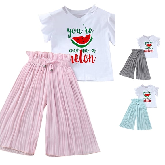 CUZIBR Girls Outfits Cartoon Print Crewneck Short Sleeve Summer Sunflower T Shirt Tops Ruched Casual Loose Pants For Toddler Kids Children Clothes Sets,Pink,10-12 Years