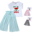 thumbnail image 1 of CUZIBR Girls Outfits Cartoon Print Crewneck Short Sleeve Summer Sunflower T Shirt Tops Ruched Casual Loose Pants For Toddler Kids Children Clothes Sets,Sky Blue,5-6 Years, 1 of 5