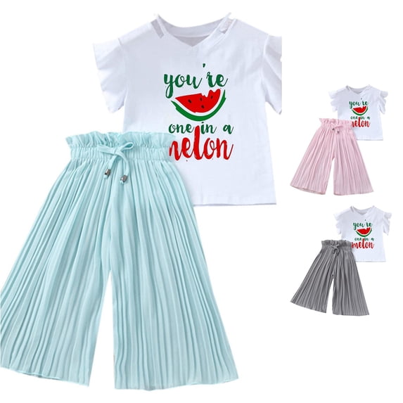 CUZIBR Girls Outfits Cartoon Print Crewneck Short Sleeve Summer Sunflower T Shirt Tops Ruched Casual Loose Pants For Toddler Kids Children Clothes Sets,Sky Blue,5-6 Years