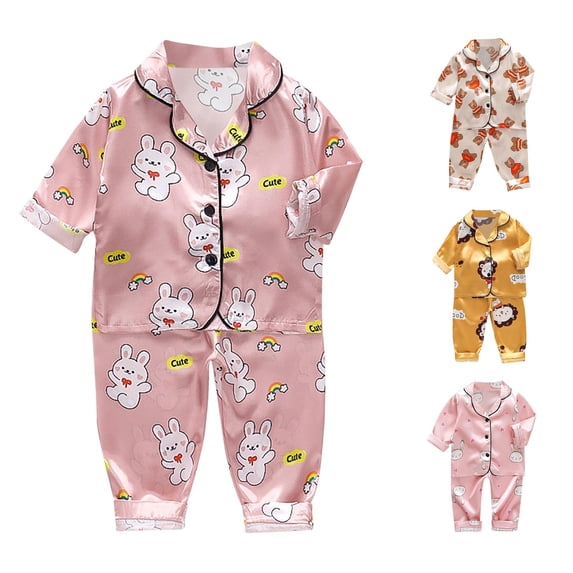 CUZIBR Girls Outfits Cartoon Print Lapel Collar Short Sleeve Animals Satin Button Down Shirt Tops + Long Pants Silk Pajamas Sleepwear Loungewear Set For Toddler Kids Baby Clothes Sets,Pink,2-3 Years