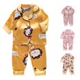 thumbnail image 1 of CUZIBR Girls Outfits Cartoon Print Lapel Collar Short Sleeve Animals Satin Button Down Shirt Tops + Long Pants Silk Pajamas Sleepwear Set For Toddler Kids Baby Clothes Sets,Yellow,3-4 Years, 1 of 3