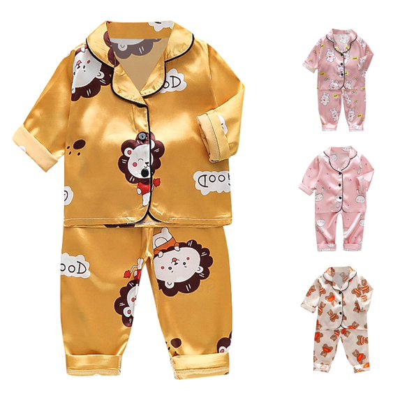 CUZIBR Girls Outfits Cartoon Print Lapel Collar Short Sleeve Animals Satin Button Down Shirt Tops + Long Pants Silk Pajamas Sleepwear Set For Toddler Kids Baby Clothes Sets,Yellow,3-4 Years