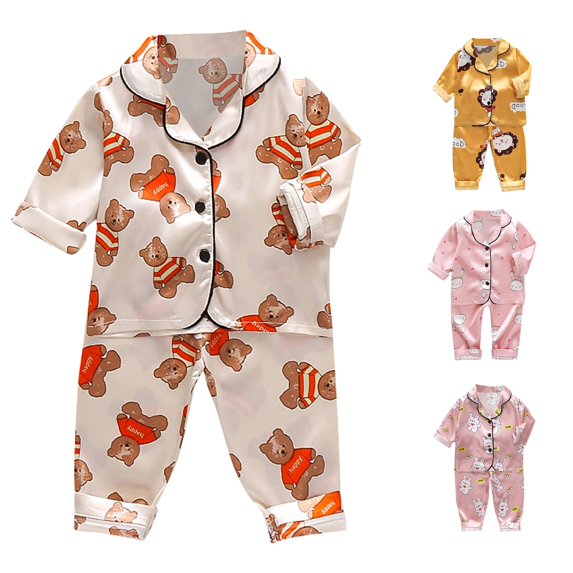 CUZIBR Girls Outfits Cartoon Print Lapel Collar Short Sleeve Animals Satin Button Down Shirt Tops + Long Pants Silk Pajamas Sleepwear Set For Toddler Kids Baby Clothes Sets,Beige,6-12 Months