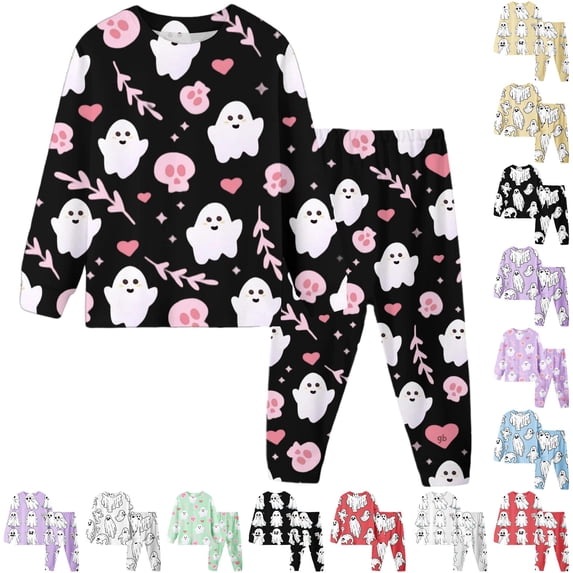 CUZIBR Girls Outfits Crewneck Long Sleeve Halloween Print Pajama Set Sleepwear Outfit Soft Comfortable Casual Wear For Children Toddler 2 9 Years Clothes Sets,Black-3,4Y