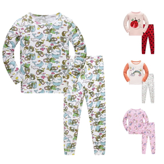 CUZIBR Girls Outfits Crewneck Pajamas Cartoon Animals Print Long Sleeve Sleepwear For Kids Toddler 2 Piece Pjs Clothes Sets,Green,1-2 Years