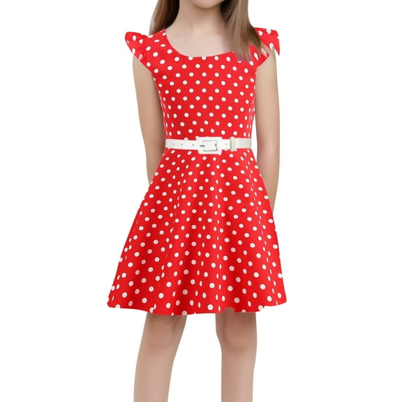 ZRBYWB Girls Outfits Dresses Ruffled Sleeveless Round Neck Polka Dot Gown Dress Princess Clothes With Belt For Children Stylish Dailywear Fall Dresses,Red,8-9 Years