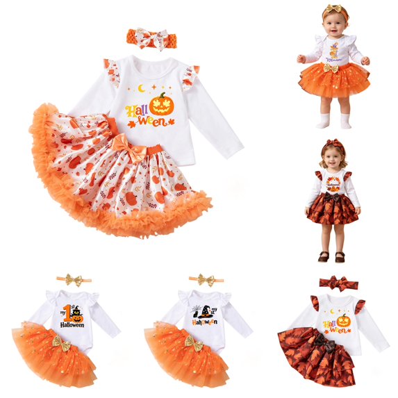 CUZIBR Girls Outfits My First Halloween Print Outfit Ruffle Long Sleeve Bodysuit Star Tulle Tutu Skirt Bow Headband 3 Pieces Party Set For Baby Toddler,F-Orange,3-4 Years