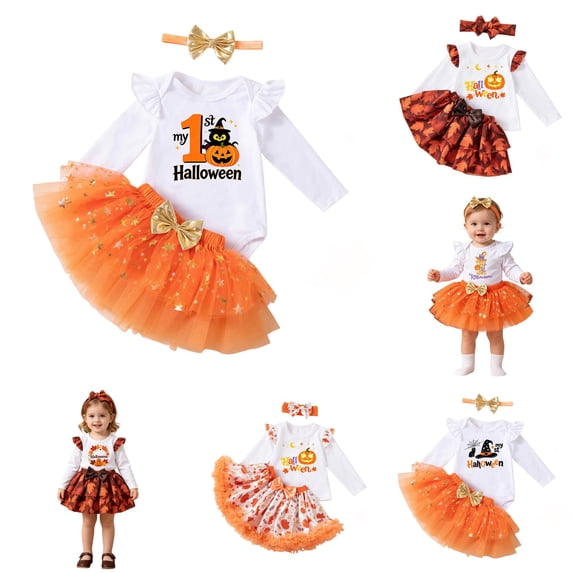 CUZIBR Girls Outfits My First Halloween Print Outfit Ruffle Long Sleeve Bodysuit Star Tulle Tutu Skirt Bow Headband 3 Pieces Party Costume Set For Baby Toddler,A-Orange,9-12 Months