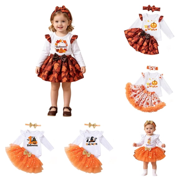 CUZIBR Girls Outfits My First Halloween Print Outfit Ruffle Long Sleeve Bodysuit Star Tulle Tutu Skirt Bow Headband 3 Pieces Party Set For Baby Toddler,D-White,2-3 Years