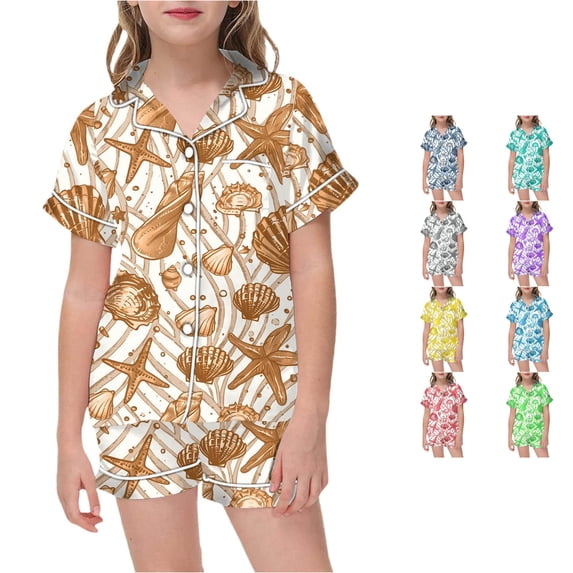 CUZIBR Girls Outfits Lapel Collar 2 Piece Sets Pajamas For Kids Children Cartoon Graphic Print Short Sleeve Button Shirt Shorts Pajama Set Clothes Sets,Khaki,2-3 Years
