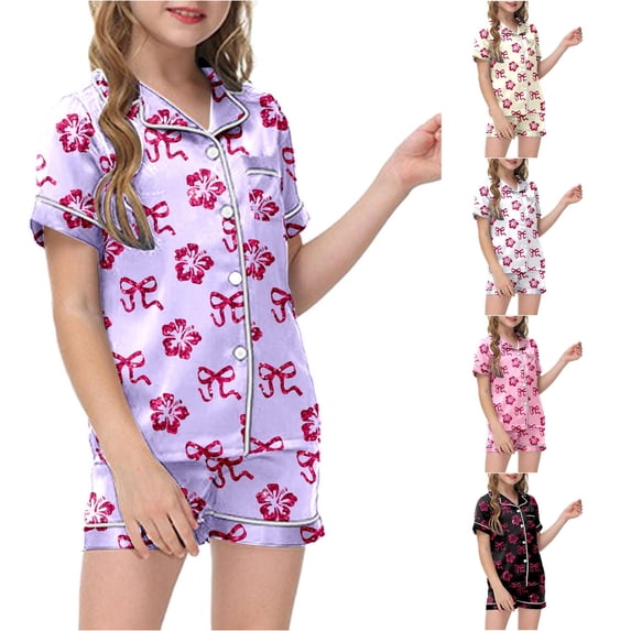 CUZIBR Girls Outfits Lapel Collar 2 Piece Sets Pajamas For Kids Children Graphic Print Short Sleeve Button Shirt Shorts Pajama Set Clothes Sets,Purple,13 Years